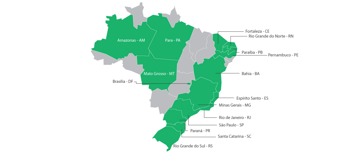 Mapa do Estados que receberam a formação sobre violência sexual